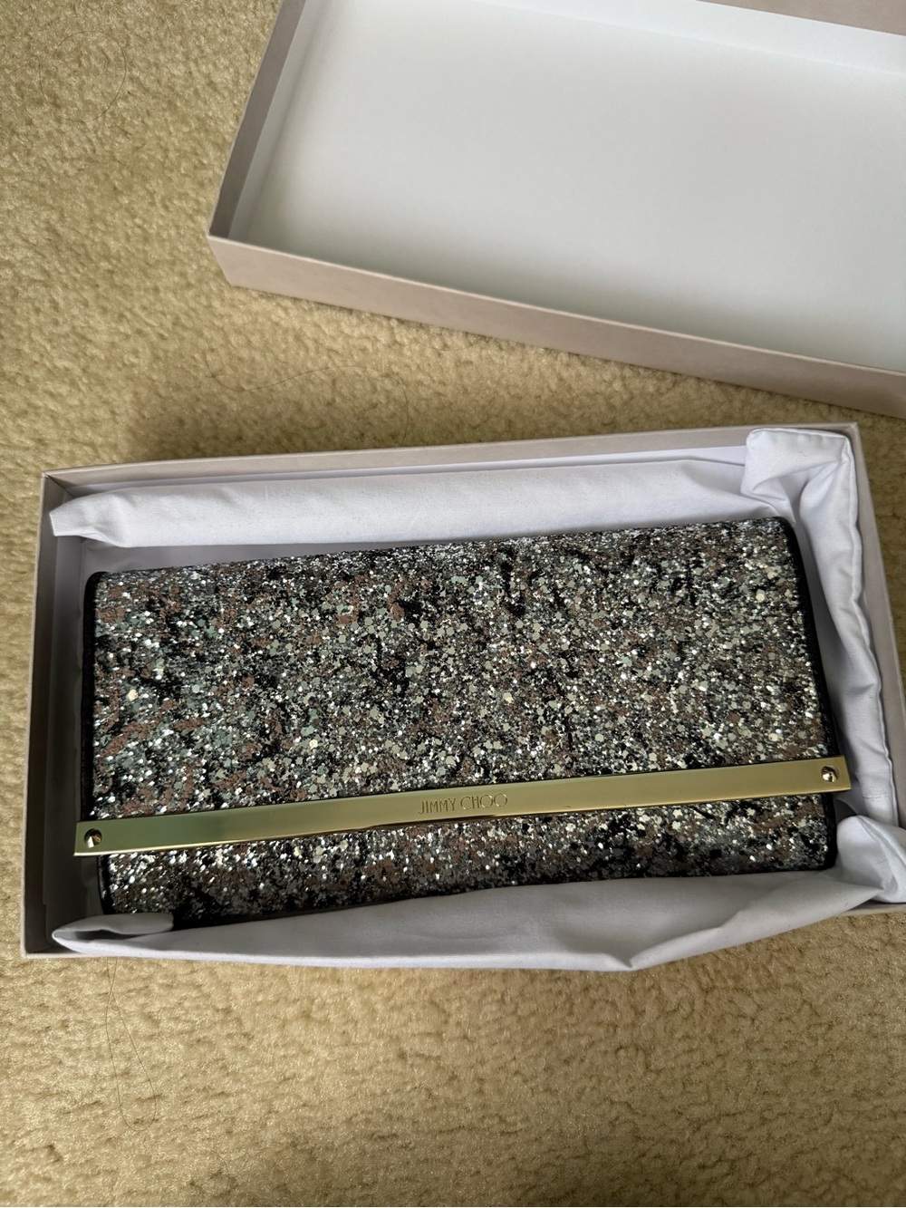 Jimmy Choo Silver Glitter Evening Clutch